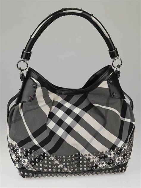 BURBERRY Nylon Beat Check Studded Hobo Black